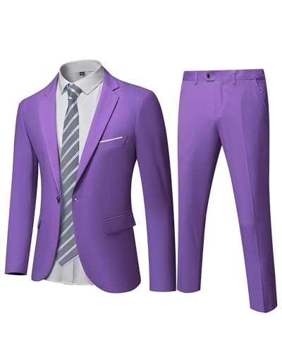 YND Men's Slim Fit 2 Piece Suit, One Button Solid Jacket Pants Set with Tie