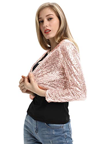 Belle Poque Women's Sequin Jacket Long Sleeve Open Front Glitter Cropped Blazer Bolero Shrug S-XXL