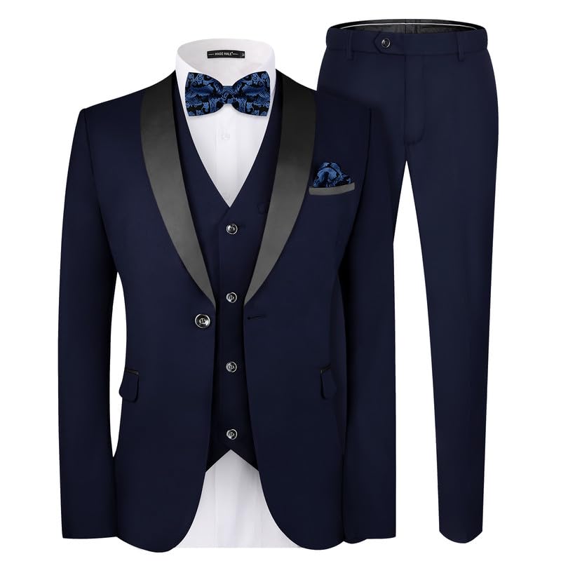 MAGE MALE Men's Slim Fit 3 Piece Suit One Button Solid Shawl Lapel Blazer Jacket Vest Pants Set with Tie Pocket Square