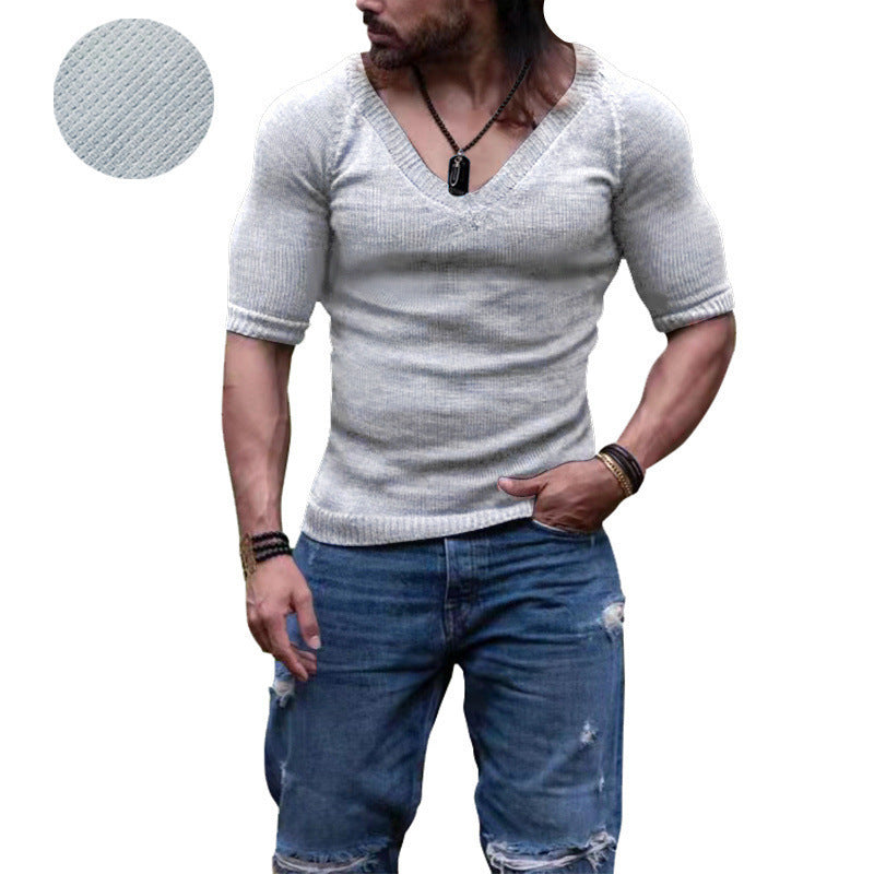 Men's Summer Slim V-neck Solid Color Thin Short Sleeve