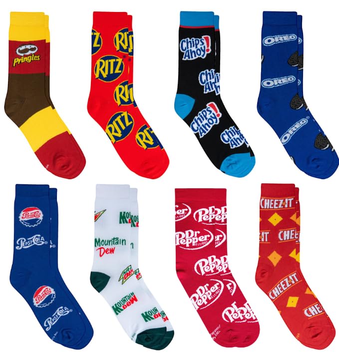 Crazy Socks, Snack & Junk Food Themes, Fun Silly Novelty Crew, Large, Fun 8 Pack