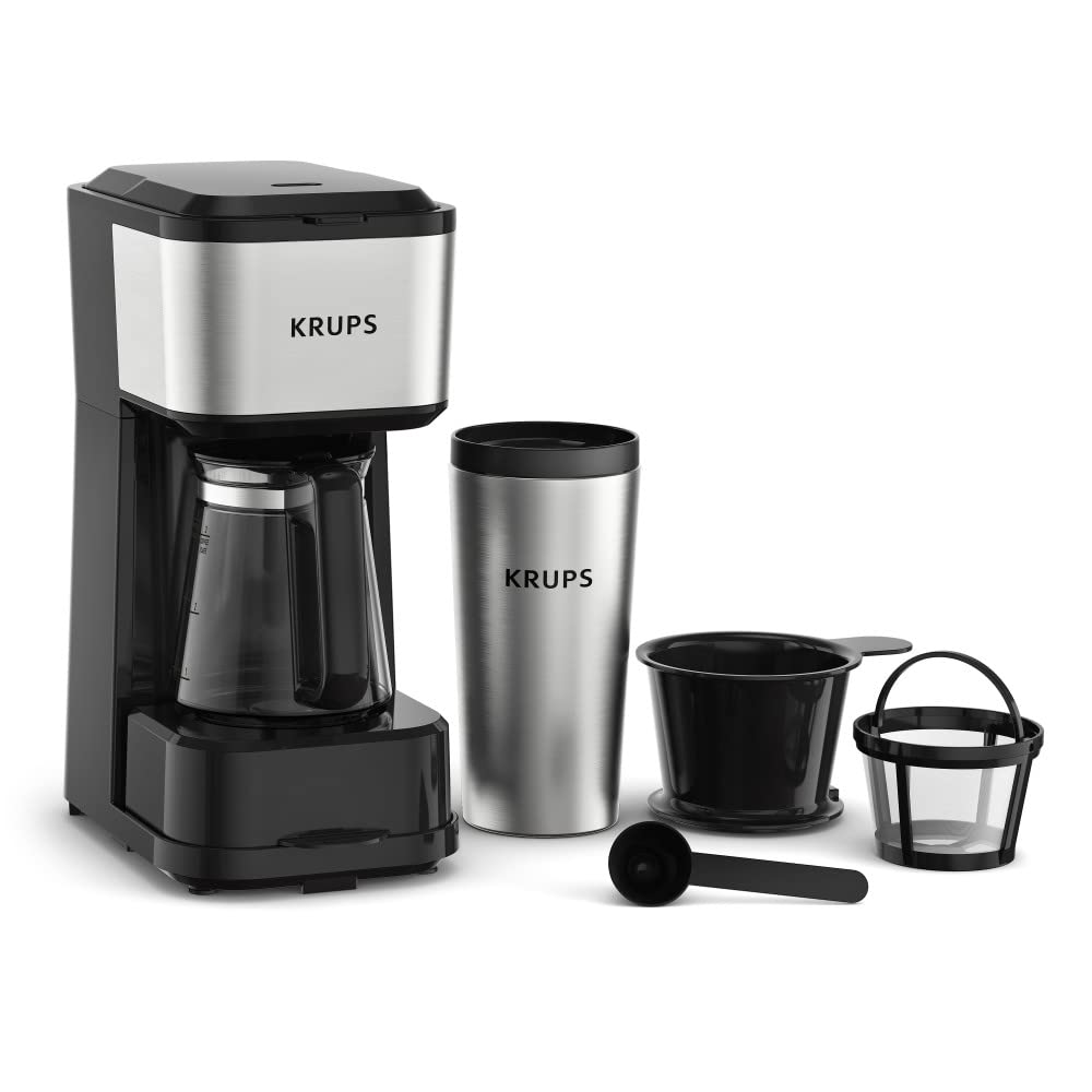 Krups, Coffee Maker, Simply Brew Stainless Steel 5 Cup, Keep Warm Function, Reusable Coffee Filter, Ultra Compact 650 Watts, Drip Free, Cold Brew, Dishwasher Safe Pot, Silver and Black