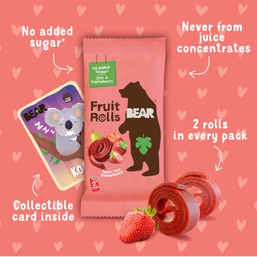 BEAR Real Fruit Snack Rolls - Gluten Free, Vegan, and Non-GMO - Strawberry – Healthy School And Lunch Snacks For Kids And Adults, 0.7 Ounce (Pack of 12)