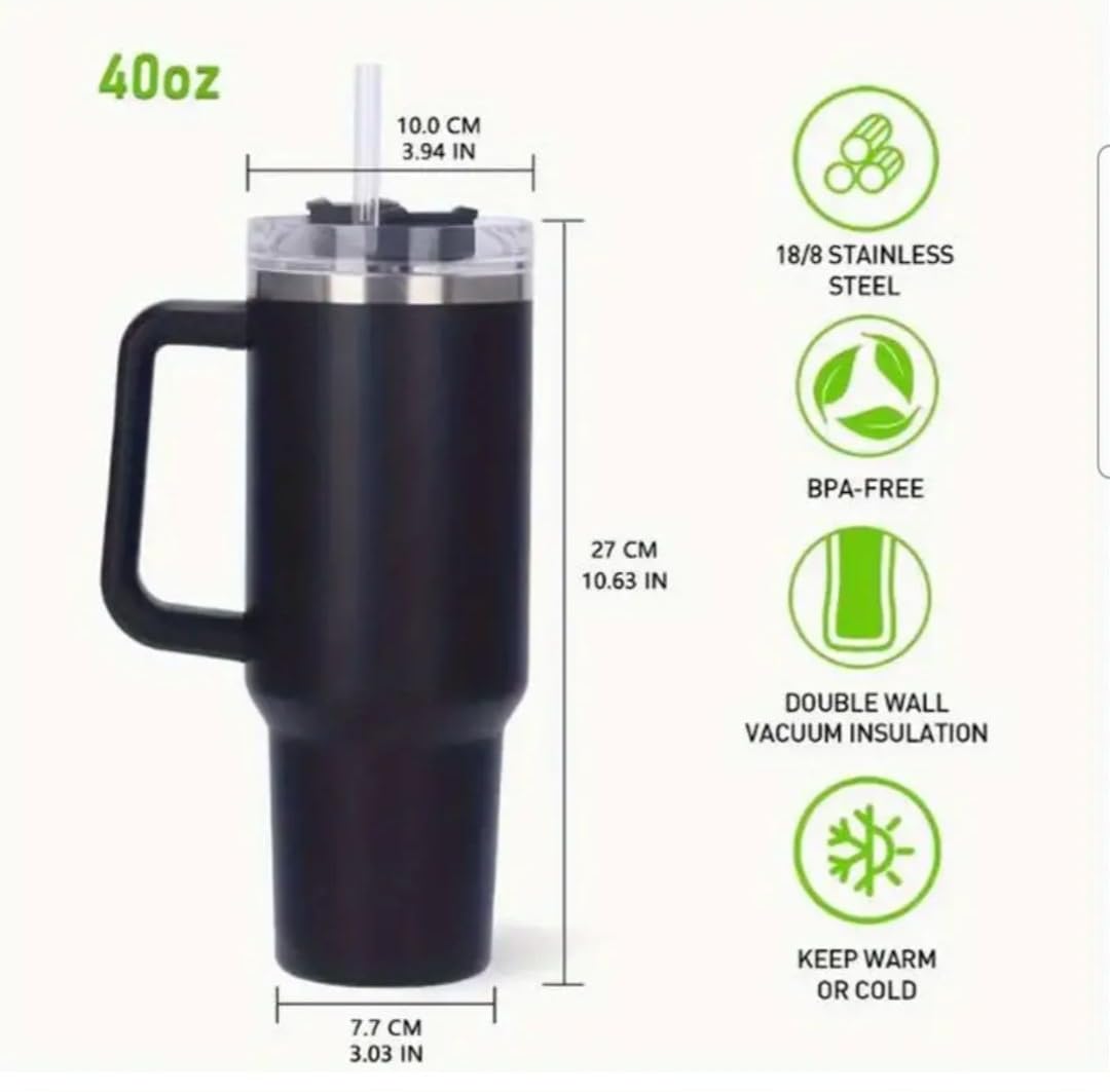 40 oz Tumbler with Handle | Stainless Steel Reusable Vacuum Cup | BPA Free Tumbler with Lid and Straw for Hot or Iced Water, Tea, Coffee, Beverages, double vaccum12 hours hot 24 hours cold.