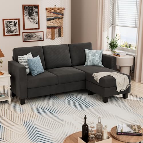 YESHOMY Convertible Sectional 3 L-Shaped Couch Soft Seat with Modern Linen Fabric, Space-Saving Sofas for Living Room, Apartment and Office, 70'', Dark Gray