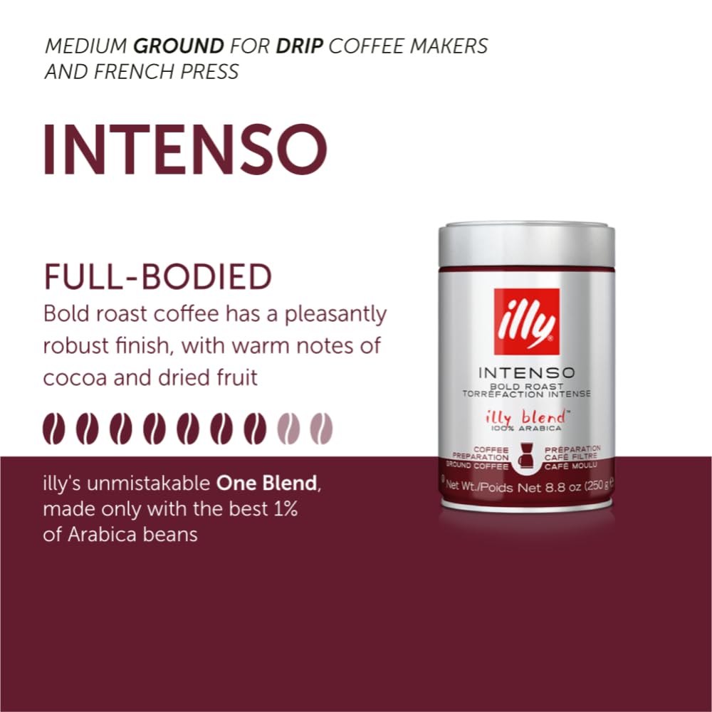 illy Ground Coffee Espresso - 100% Arabica Coffee Ground – Classico Medium Roast - Notes of Caramel, Orange Blossom & Jasmine - Rich Aromatic Profile - Precise Roast - No Preservatives – 8.8 Ounce