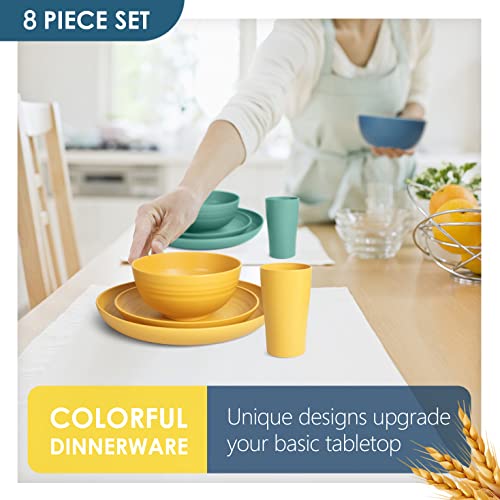 Teivio 32-Piece Kitchen Plastic Wheat Straw Dinnerware Set, Service for 8, Dinner Plates, Dessert Plate, Cereal Bowls, Cups, Unbreakable Colorful Plastic Outdoor Camping Dishes, Black