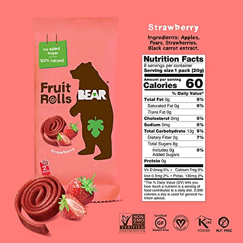 BEAR Real Fruit Snack Rolls - Gluten Free, Vegan, and Non-GMO - Strawberry – Healthy School And Lunch Snacks For Kids And Adults, 0.7 Ounce (Pack of 12)