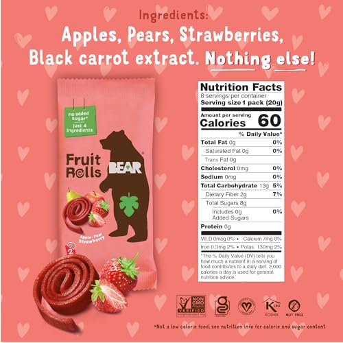 BEAR Real Fruit Snack Rolls - Gluten Free, Vegan, and Non-GMO - Strawberry – Healthy School And Lunch Snacks For Kids And Adults, 0.7 Ounce (Pack of 12)