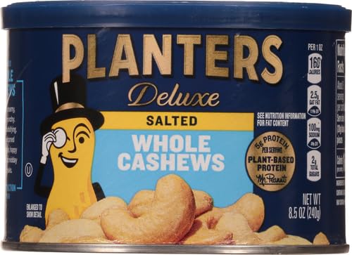 PLANTERS Deluxe Lightly Salted Whole Cashews, Party Snacks, Plant-Based Protein, Quick Snack for Adults, After School Snack, Roasted Cashew, Flavored with Sea Salt, Kosher, 1lb 2.25oz Canister