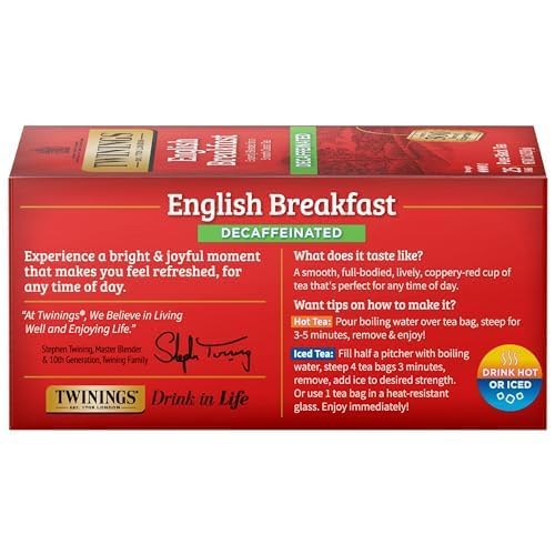 Twinings Decaffeinated English Breakfast Individually Wrapped Black Tea Bags, 20 Count Pack of 6, Flavourful & Robust