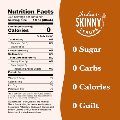 Jordan's Skinny Syrups Sugar Free Coffee Syrup, Cinnamon Dolce Flavor Drink Mix, Zero Calorie Flavoring for Chai Latte, Protein Shake, Food and More, Gluten Free, Keto Friendly, 25.4 Fl Oz, 1 Pack