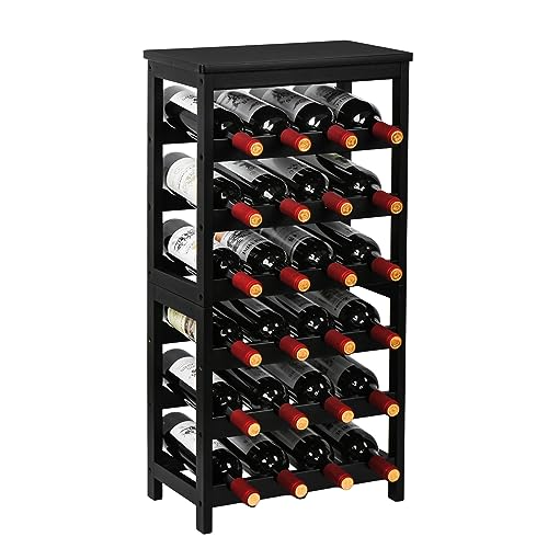 Wine Rack Freestanding Floor, 6-Tier Display Wine Storage Shelves with Table Top, 24-Botttle Bamboo Wine Rack Shelf for Kitchen Bar Dining Room Living Room, Black