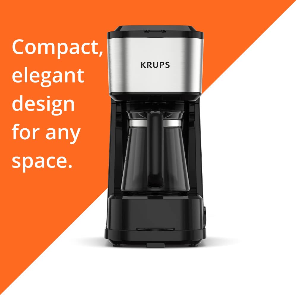 Krups, Coffee Maker, Simply Brew Stainless Steel 5 Cup, Keep Warm Function, Reusable Coffee Filter, Ultra Compact 650 Watts, Drip Free, Cold Brew, Dishwasher Safe Pot, Silver and Black