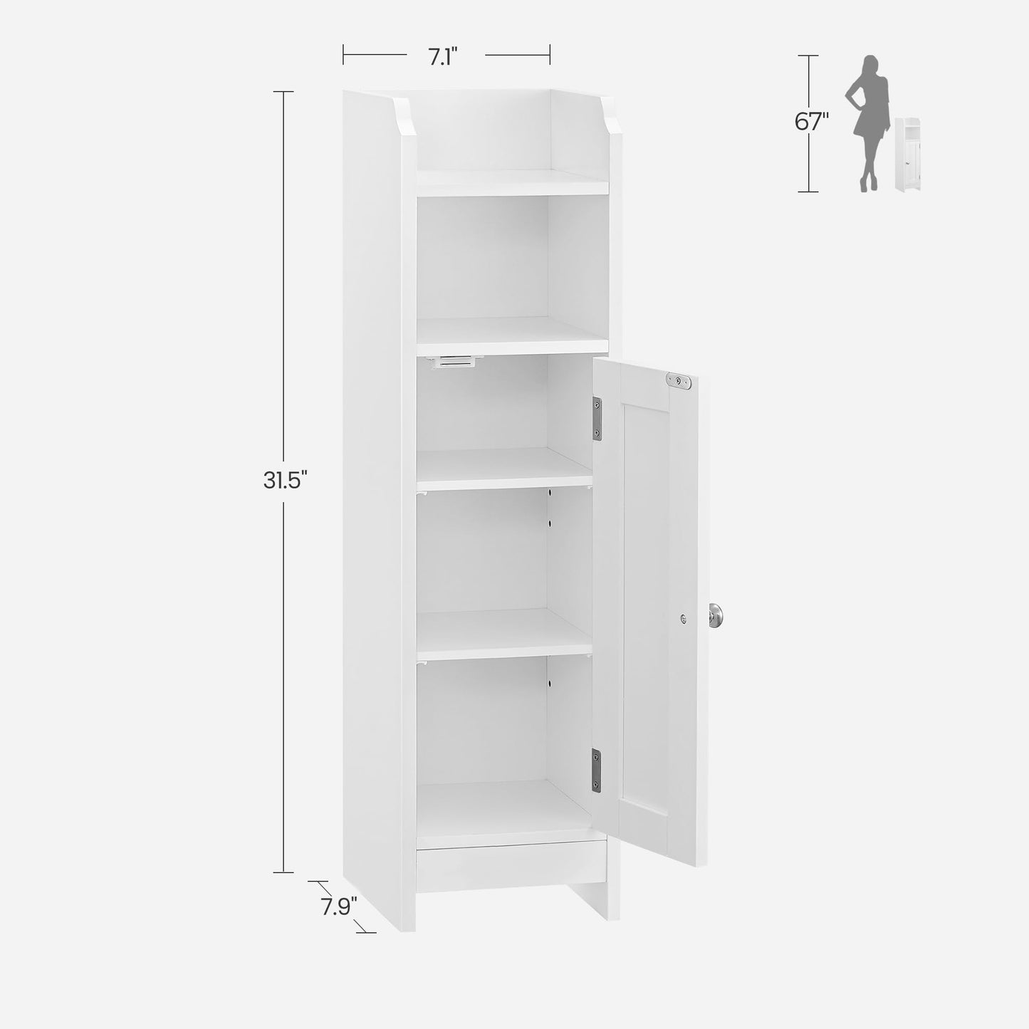 VASAGLE Small Bathroom Storage Corner Floor Cabinet with Door and Shelves, Bathroom Storage Organizer, Narrow Bathroom Toilet Paper Storage Cabinet, Adjustable Shelves, White UBBC310W01