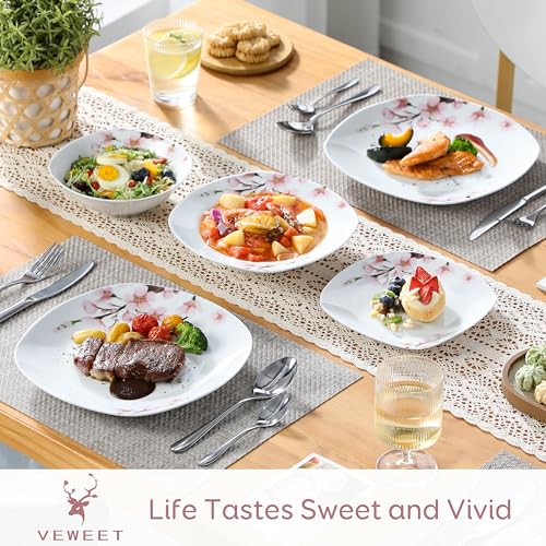 VEWEET, Series Annie, Porcelain Dinnerware Sets for 6, White Dish Set with Pink Floral, 30 PCS Dinner Sets Including Dinner Plates, Dessert Plates, Soup Plates Set, Cups & Saucers