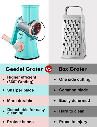 Geedel Rotary Cheese Grater, Kitchen Mandoline Vegetable Slicer with 3 Interchangeable Blades, Easy to Clean Grater for Fruit, Vegetables, Nuts