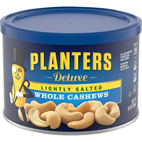 PLANTERS Deluxe Lightly Salted Whole Cashews, Party Snacks, Plant-Based Protein, Quick Snack for Adults, After School Snack, Roasted Cashew, Flavored with Sea Salt, Kosher, 1lb 2.25oz Canister