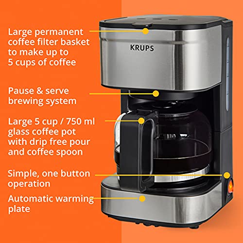 Krups, Coffee Maker, Simply Brew Stainless Steel 5 Cup, Keep Warm Function, Reusable Coffee Filter, Ultra Compact 650 Watts, Drip Free, Cold Brew, Dishwasher Safe Pot, Silver and Black