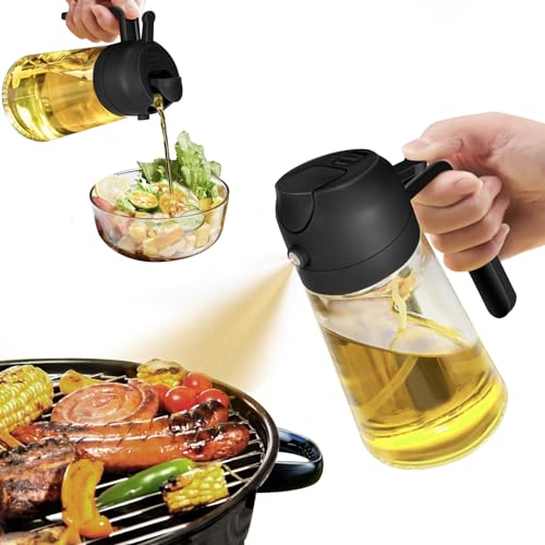 YARRAMATE Olive Oil Dispenser, 2 in 1 Oil Sprayer for Cooking, 17oz/500ml Glass Oil Spray Bottle with Pourer, Food-grade Oil Dispenser and Oil Sprayer for Kitchen, Salad, Frying, BBQ (Black)