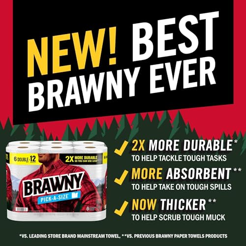 Brawny Pick-A-Size Paper Towels, 6 Double Rolls = 12 Regular Rolls, 2 Sheet Sizes (Half or Full), Strong Paper Towel For Everyday Use