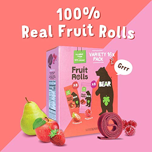 BEAR Real Fruit Snack Rolls - Gluten Free, Vegan, and Non-GMO - Strawberry – Healthy School And Lunch Snacks For Kids And Adults, 0.7 Ounce (Pack of 12)