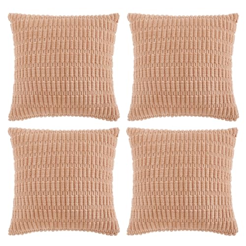 Fancy Homi 4 Packs Neutral Decorative Throw Pillow Covers 18x18 Inch for Living Room Couch Bed Sofa, Rustic Farmhouse Boho Home Decor, Soft Plush Striped Corduroy Square Cushion Case 45x45 cm