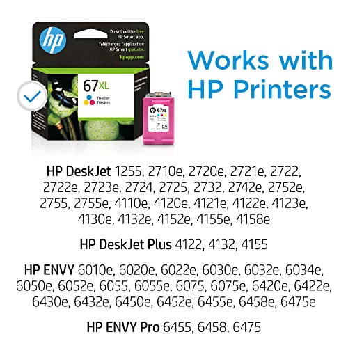 HP 67XL Tri-color High-yield Ink Cartridge | Works with HP DeskJet 1255, 2700, 4100 Series, HP ENVY 6000, 6400 Series | Eligible for Instant Ink | 3YM58AN