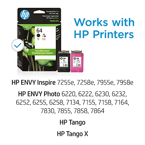 HP 64 Black/Tri-color Ink Cartridges (2-pack) | Works with HP ENVY Inspire 7950e; ENVY Photo 6200, 7100, 7800; Tango Series | Eligible for Instant Ink | X4D92AN