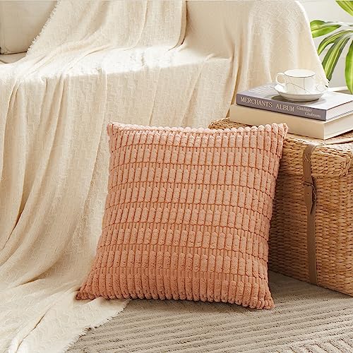 Fancy Homi 4 Packs Neutral Decorative Throw Pillow Covers 18x18 Inch for Living Room Couch Bed Sofa, Rustic Farmhouse Boho Home Decor, Soft Plush Striped Corduroy Square Cushion Case 45x45 cm