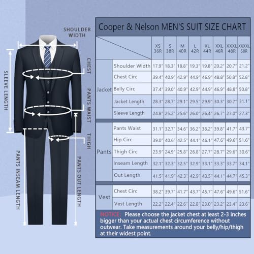 Cooper & Nelson Men's Suit Slim Fit, 3 Piece Suits for Men, One Button Solid Jacket Vest Pants with Tie, Tuxedo Set