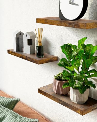 BAYKA Floating Shelves, Wall Mounted Rustic Wood Shelves for Bathroom, Bedroom, Living Room, Kitchen, Small Hanging Shelf for Books/Storage/Room Decor with 22lbs Capacity (Black, Set of 3, 16in)