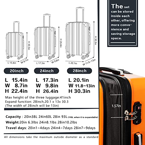 Coolife Luggage Expandable(only 28") Suitcase PC+ABS Spinner 20in 24in 28in Carry on (white grid new, S(20in)_carry on)