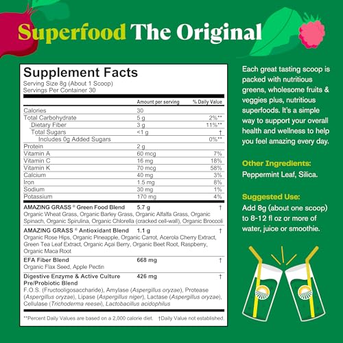 Amazing Grass Greens Superfood Powder: Greens Powder with Digestive Enzymes & Probiotics, Organic Spirulina, Chlorella, and Beet Root Powder, Original, 30 Servings