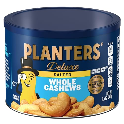 PLANTERS Deluxe Lightly Salted Whole Cashews, Party Snacks, Plant-Based Protein, Quick Snack for Adults, After School Snack, Roasted Cashew, Flavored with Sea Salt, Kosher, 1lb 2.25oz Canister