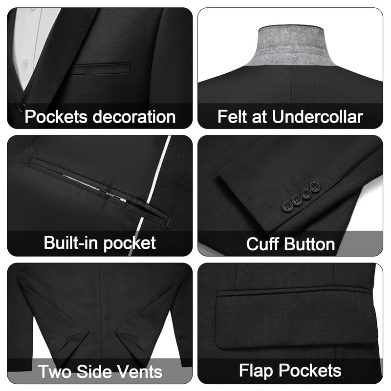 MAGE MALE Men's Slim Fit 3 Piece Suit One Button Solid Shawl Lapel Blazer Jacket Vest Pants Set with Tie Pocket Square