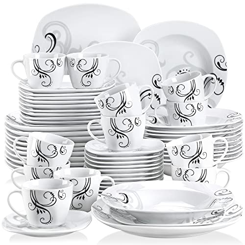 VEWEET, Series Annie, Porcelain Dinnerware Sets for 6, White Dish Set with Pink Floral, 30 PCS Dinner Sets Including Dinner Plates, Dessert Plates, Soup Plates Set, Cups & Saucers