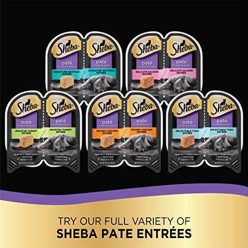 SHEBA Perfect Portions Cuts in Gravy Wet Cat Food Trays (24 Count, 48 Servings), Roasted Chicken, Gourmet Salmon and Tender Turkey Entrée Variety Pack, Easy Peel Twin-Pack Trays