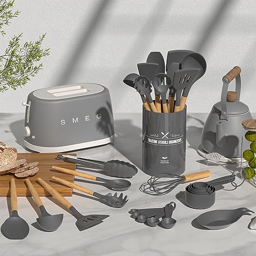 Umite Chef Kitchen Cooking Utensils Set, 33 pcs Non-Stick Silicone Cooking Kitchen Utensils Spatula Set with Holder, Wooden Handle Silicone Kitchen Gadgets Utensil Set (Khaki)