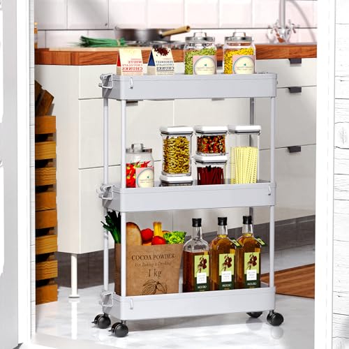 SPACEKEEPER Slim Rolling Storage Cart, 3 Tier Bathroom Storage Organizer Laundry Room Utility Cart Mobile Shelving Unit, Multi-Purpose for Kitchen Office Bathroom Laundry Narrow Places, White