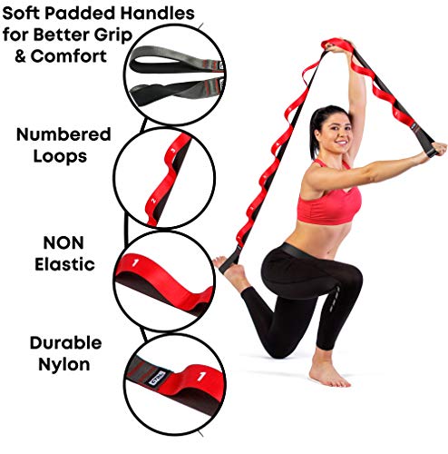 Stretching Strap with Loops - Non Elastic Stretch Band for Physical Therapy, Yoga Strap for Stretching Equipment, Stretch Bands for Exercise and Flexibility - Fascia, Hamstring & Leg Stretcher Belt