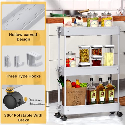 SPACEKEEPER Slim Rolling Storage Cart, 3 Tier Bathroom Storage Organizer Laundry Room Utility Cart Mobile Shelving Unit, Multi-Purpose for Kitchen Office Bathroom Laundry Narrow Places, White