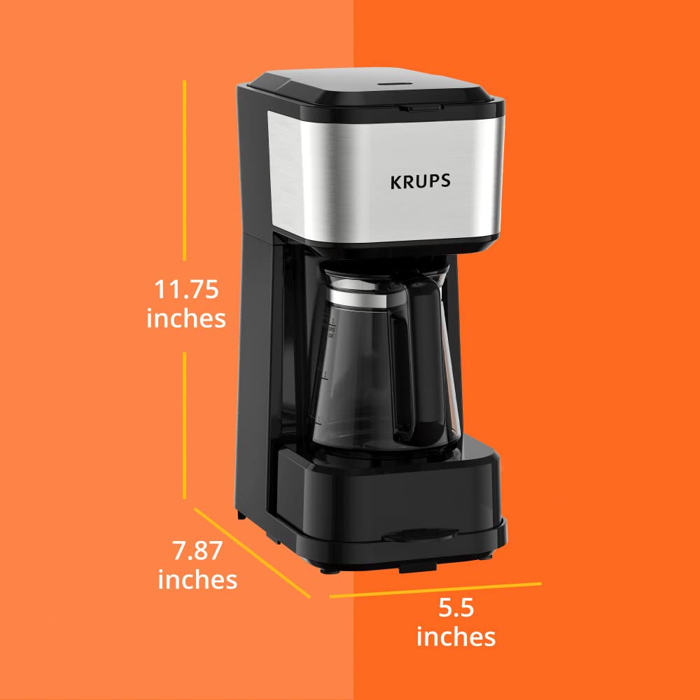 Krups, Coffee Maker, Simply Brew Stainless Steel 5 Cup, Keep Warm Function, Reusable Coffee Filter, Ultra Compact 650 Watts, Drip Free, Cold Brew, Dishwasher Safe Pot, Silver and Black