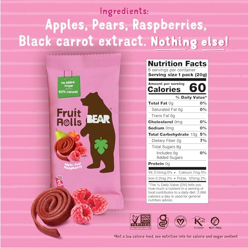 BEAR Real Fruit Snack Rolls - Gluten Free, Vegan, and Non-GMO - Strawberry – Healthy School And Lunch Snacks For Kids And Adults, 0.7 Ounce (Pack of 12)