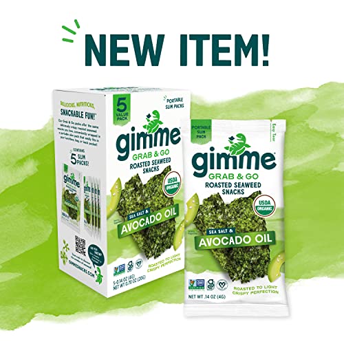 gimMe Grab & Go - Sea Salt & Avocado Oil - 5 Count - Organic Roasted Seaweed Sheets - Keto Vegan Gluten Free - Great Source of Iodine & Omega 3’s - Healthy On-The-Go Snack for Kids Adults