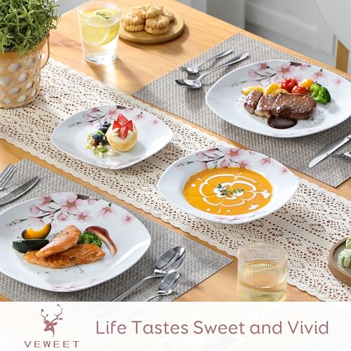 VEWEET, Series Annie, Porcelain Dinnerware Sets for 6, White Dish Set with Pink Floral, 30 PCS Dinner Sets Including Dinner Plates, Dessert Plates, Soup Plates Set, Cups & Saucers