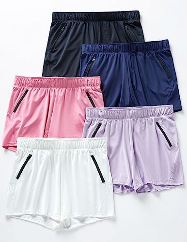 5 Pack: Womens Workout Gym Shorts Casual Lounge Set, Ladies Active Athletic Apparel with Zipper Pockets