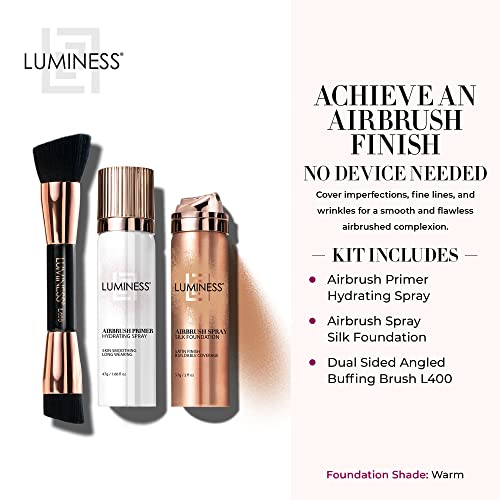 LUMINESS Airbrush Spray Silk Foundation Starter Kit - Medium Dark - Foundation, Primer & Dual-Sided Angled Buffing Brush - Medium, Buildable Coverage, Anti-Aging Formula Hydrates & Moisturizes