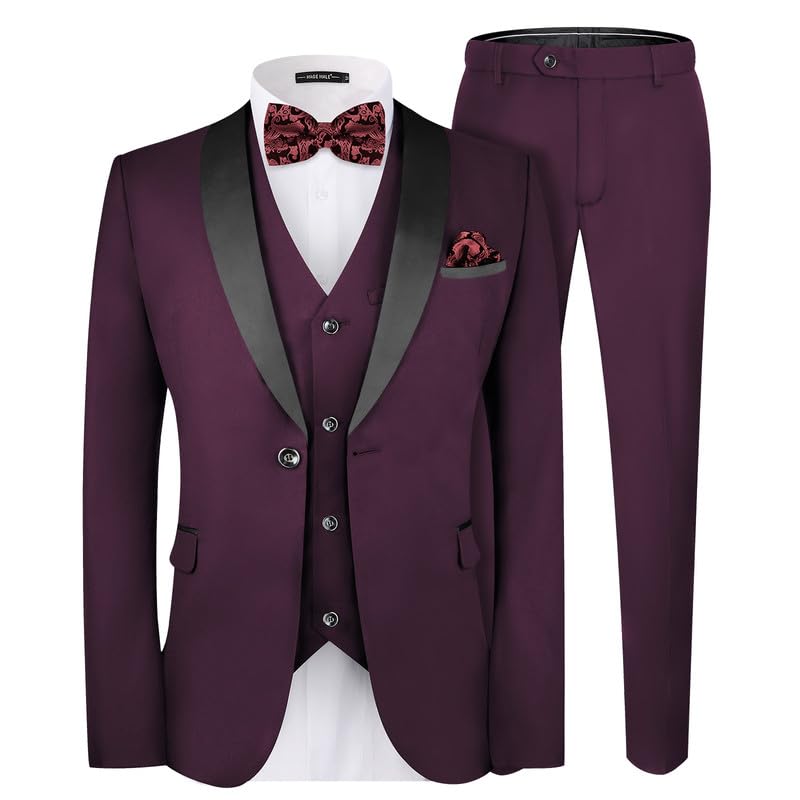 MAGE MALE Men's Slim Fit 3 Piece Suit One Button Solid Shawl Lapel Blazer Jacket Vest Pants Set with Tie Pocket Square