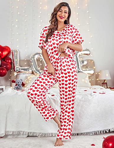 Ekouaer Womens Satin Silky Pajama Set Short Sleeve Shirt with Long Pajama Pant Set Soft PJ Loungewear